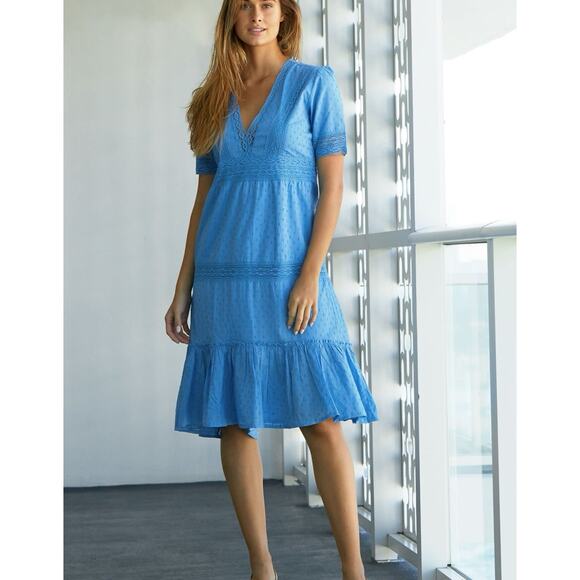 Aspiga Ruby Lace Embroidered Midi Dress Blue S V Neck Organic Cotton Small - Picture 1 of 10